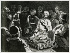 Perzische verhalenverteller omringd door zijn publiek. Gravure door de Reiziger auteur, ter illustratie van het verhaal "Perzië, Chaldee en Susiane"