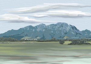 Landschap met bergen in de verte door Jenna Alheit