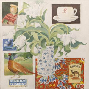Ephemera, waaronder koffiekopjes, sigarettenpakjes; ansichtkaart en tulpen door Jennifer Abbott