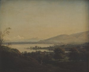 Uitzicht over het Meer van Genève naar de Mont Blanc en Genève door Jens Juel