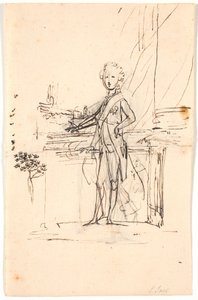 Compositieontwerp voor een portret in volle lengte van Frederik de zesde als jonge kroonprins. Staand bij een tafel, en face naar links door Jens Juel
