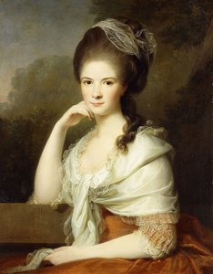 Portret van een dame, zittend half-lengte, gekleed in een bruine jurk en een witte sjaal, 1778 door Jens Juel
