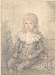 Portret van jongen met speelgoedpaard