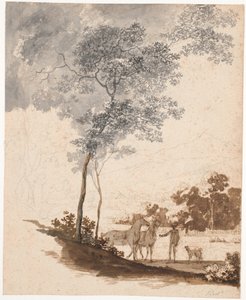 Zwitserlandschap met een ruiter die twee paarden en een paar honden vasthoudt; studie voor het portret van Jean-Armand Tronchin door Jens Juel