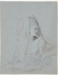 Studie van zittende jonge dame met bloemen in haar handen en sluier over haar hoofd door Jens Juel