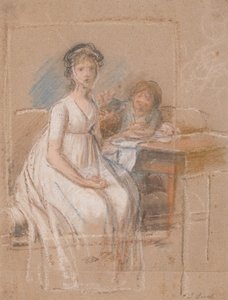 Ontwerp voor een portretgroep. Regine Sophie Tutein, geboren Wraatz met zoon Peter door Jens Juel