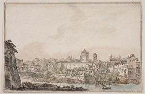 Stadsgezicht met huizen en kerk bij rivier. Het oude Rome door Jens Petersen Lund