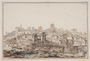 Stadsgezicht met huizen en kerk bij rivier. Het oude Rome door Jens Petersen Lund
