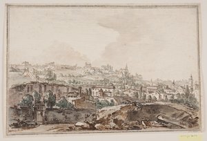 Stadsgezicht met huizen en muur bij rivier; op de achtergrond kerken en paleizen door Jens Petersen Lund