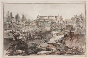 Prospect met vesting (?), ruïnes, rotsen en water door Jens Petersen Lund