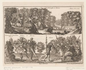 Twee theater scènes met figuren in een bosrijk landschap door Jeremias Wachsmuth