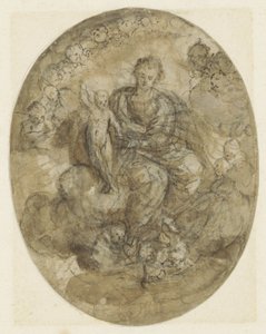 Madonna met kind tussen engelen op de wolken door Jeronimo Jacinto Espinosa