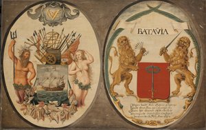 De wapens van de Verenigde Oost-Indische Compagnie en van de stad Batavia