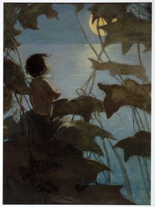 Hij keek op naar de brede gele maan en dacht dat zij naar hem keek, uit The Water Babies door Charles Kingsley, pub. 1916
