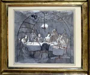 Loofhuttenfeest in het restaurant Kasher door de familie van Moses Ulmann. Tekening op papier, penwas in 1831. Joods Museum Basel, Zwitserland door Jewish School