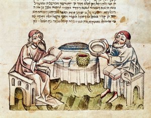 Jodendom: twee rabbijnen vieren Pasen met de ceremonie van de Seder, miniatuur uit een Mahzor (gebedenboek in het Hebreeuws) 15e eeuw Parma, Biblioteca Palatina