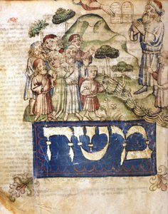 Mozes ontvangt de tafelen van de Wet (en Mozes schrijft in het Hebreeuws). Miniaturen uit een 14e-eeuwse Hebreeuwse Bijbel. Hebreeuws Museum door Jewish School