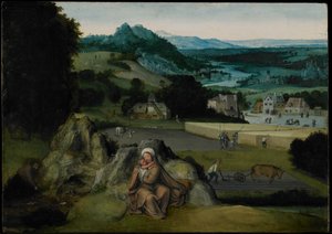 De rust tijdens de vlucht naar Egypte (Het wonderbaarlijke veld van tarwe) c.1518-24 door Joachim (workshop of) Patinir