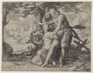 Jonge vrouw geholpen door een heer door Joachim Anthonisz. Wtewael
