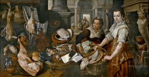 Spaans:  Cristo en casa de Marta y María Christus thuis bij Martha en Maria door Joachim Beuckelaer
