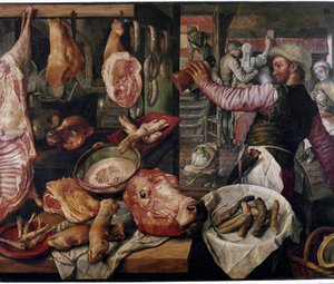 Slagerij. (Vleesmarkt). Bijzonder door Joachim Beuckelaer or Bueckelaer
