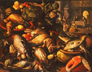Wild, vis, fruit en groenten in manden en schalen in een voorraadkamer, 1569 door Joachim Beuckelaer