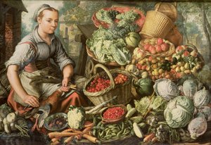 Stilleven met fruit, groenten en een marktvrouw