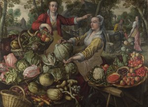 De Vier Elementen: Aarde. Een Fruit- en Groentemarkt met de Vlucht naar Egypte op de Achtergrond - door Beuckelaer (Bueckelaer), Joachim (1533-1574) - 1569 National Gallery, Londen door Joachim Beuckelaer