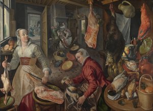 De Vier Elementen: Vuur. Een Keukenscène met Christus in het Huis van Martha en Maria op de Achtergrond - door Beuckelaer (Bueckelaer), Joachim (1533-1574) - 1569 National Gallery, Londen