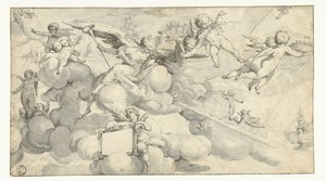 Putti en engel met cartouche door Joachim Wtewael (circle of)