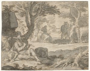 Apollo speelt de fluit terwijl hij de kudde van Admetus hoedt