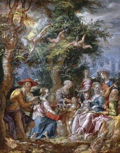 De Heilige Familie met Heiligen en Engelen door Joachim Wtewael or Utewael