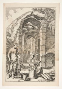 Vrouw in antieke jurk met urnen, standaards en ruïnes door Joachim von Sandrart