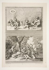 Bovenste helft: Een Riviergod en Putti die spelen met de Symbolen van Roem Onderste helft: De Straf van Cupido door Joachim von Sandrart