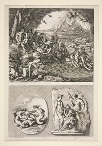 bovenste helft: Quos Ego? onderste helft: Twee antieke reliëfs: De drie schikgodinnen en een onbekend onderwerp door Joachim von Sandrart