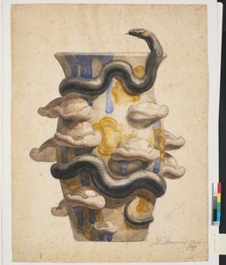 Voorstudie voor vaas versierd met plastisch gevormde slang en paddenstoelen door Joakim Frederik Skovgaard