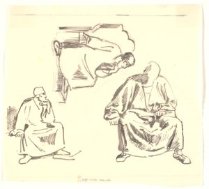 Drie studies van zittende, bebaarde man. Saul door Joakim Frederik Skovgaard
