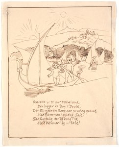 Ontwerp voor laatste illustratie met engelenkinderen in de boot