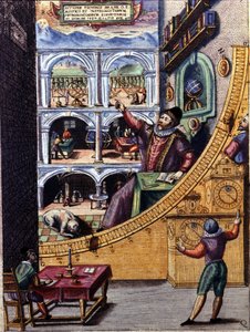 Deense astronoom Tycho Brahe (1546 - 1601) in zijn observatorium in Uranienburg - kleurgravure door Atlas Major Ssive en cosmographed Blavania labores en sumptibus door Johannis Blaev