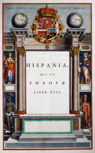 Hispania quae est Europae, Boek XVII, titelpagina van Deel IX, uit Atlas Maior, atlas in 11 delen, door Joan Blaeu (1596-1673), kopergravure, 57.5x39 cm, Amsterdam door Joan Blaeu