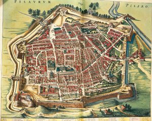 Italië, kaart van Pesaro, uit Theatrum civitatum et admirandorum Italiae door Joan Blaeu, gravure door Joan Blaeu