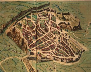 Kaart van Acquapendente uit Theatrum civitatum et admirandorum Italiae door Joan Blaeu, gravure door Joan Blaeu