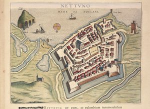 Kaart van Nettuno, uit Theatrum civitatum et admirandorum Italiae, door Joan Blaeu, gravure