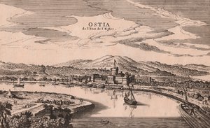 Perspectief van de stad en haven van Ostia, Lazio, Italië, kopergravure