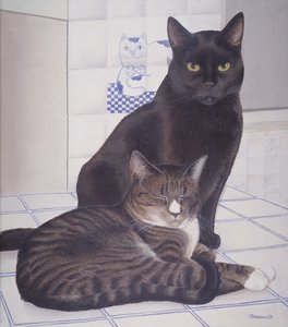 Stray en Daisie in de keuken