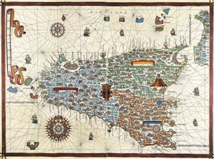 Eiland Sicilië. (Sicilia) Navigatiekaart van Joan Martines (1556-1591)