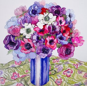 Anemonen in een gestreepte pot door Joan Thewsey