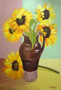 Vijf Zonnebloemen in een Hoge Bruine Kan