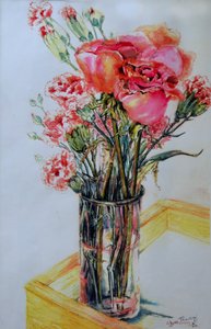 Roze rozen met anjers, 2010 door Joan Thewsey