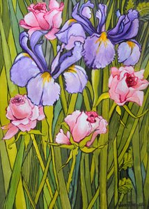 Rozen en irissen in de tuin, 2003 door Joan Thewsey